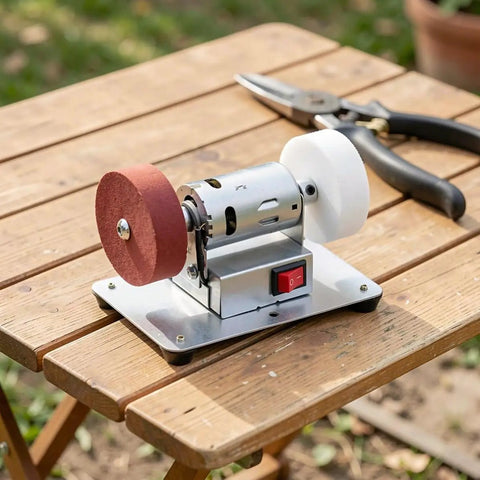 Rock Solid Electric Knife Sharpener Stainless Steel Bench Grinder For Kitchen Tools With Non Slip Base And Flexible Angle matching on a wooden table.