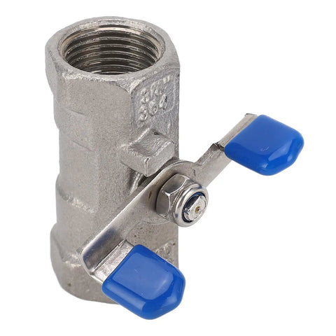 3/8 Inch Full Port Stainless Steel Ball Valve featuring a workhorse grade crush proof body and blue twist handle for water and gas.