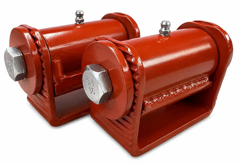 3.5-Inch Adjustable Roller Cage Hinges Heavy Duty Built Like a Tank with Grease Fitting for Easy Maintenance and Smooth Action Rated to Handle a Hefty 1000 Lbs per Pair Industrial Toughness 2 Unit Pack in bright red metal finish.