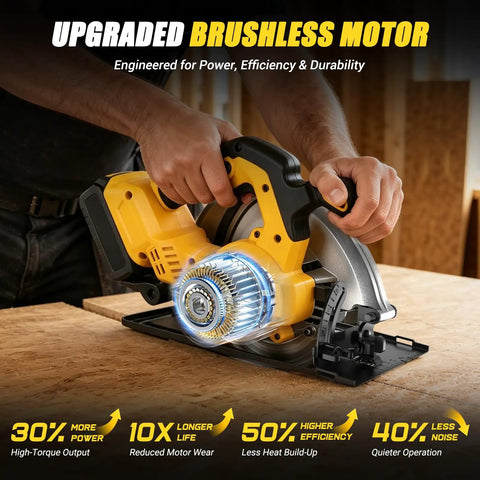 7 Inch Cordless Circular Saw Tool Only Compatible With 20V Batteries with brushless motor cutting wood on workbench