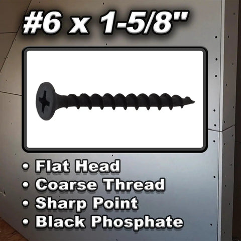 Contractor Grade Size 6 X 1-5/8 Drywall Screws 500 Pack Coarse Thread Wood Stud Fasteners black phosphate finish and sharp point