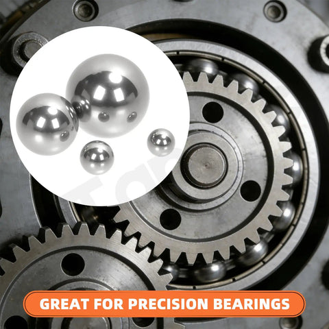 300 Piece Precision 304 Stainless Steel Bearing Balls Assortment with gear mechanism background, showcasing ball sizes.
