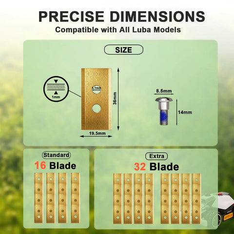 Precise dimensions of Top Shelf Titanium Coated Replacement Blades For Robotic Lawn Mowers Universal Fit For Luba And Yuka Models.