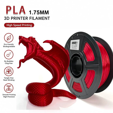 Slick Deep Red PLA High Speed 3D Printer Filament 1.75MM with dragon model, showcasing glossy finish, 1kg spool.