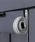 Heavy Hitter Portable Closet Wardrobe Organizer With Slick Nonwoven Fabric Cover And Beefy Steel Frame Built Solid For No Sweat Roomy Storage Shelves And Long Hanging Rod In Soft Gray zipper and rolled gray fabric close-up