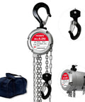 0.5 Ton Aluminum Hand Chain Hoist with 1100 lbs capacity, 10 ft lift height, dual heavy duty hooks, steel construction, shown with bag.