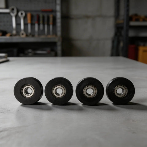 Tough As Nails Nylon Pulley Wheels For Door And Window Track 4 Pack Silky Smooth Replacement Rollers Pre Greased For Effortless Glide Heavy Duty Track Gliders on a work surface.