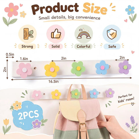 Tot Approved Flower Shaped Kids Coat Rack 2 Piece Wall Hook Set Rainbow Colors Dreamy Decor for Nursery and Entryway Storage Holds Coats Backpacks and Towels like a Boss, floral design wall hook dimensions shown.