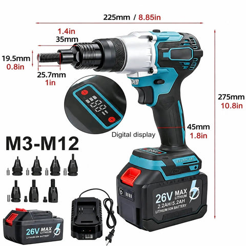 Cordless Electric Rivet Nut Gun With M3 To M12 Mandrels Runs Fully Automatic One Trigger Operation, featuring digital display and included mandrels.
