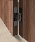Heavy Duty Hidden Hydraulic Door Closer With Auto Closing Spring Buffer And Invisible Three Dimensional Adjustable Hinges For Dead Quiet Seamless White Install, showing adjustable hinges on wooden doors.
