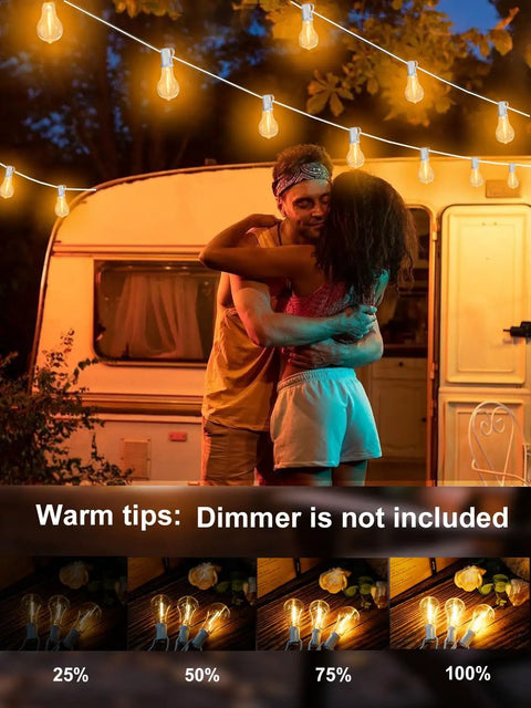 Couple under Outdoor String Lights With Remote Control 75 Ft Waterproof Patio Lighting Kit creating a cozy lit vibe by a camper