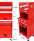 Heavy Duty 6 Drawer Rolling Tool Chest With Lockable Mobile Cabinet For Garage Workshop Rock Solid Steel Frame shown from multiple angles with measurements.