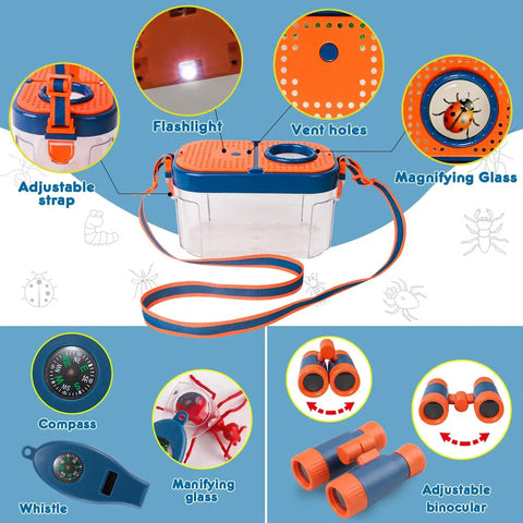 Kids Camping Set With Pop Up Tent And Outdoor Gear showing flashlight, magnifying glass, compass, and binoculars.