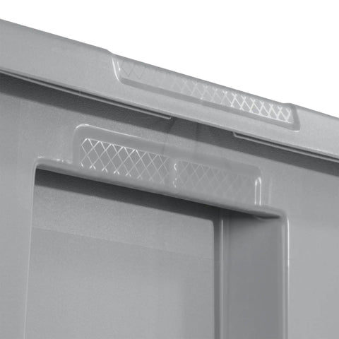 Hella Spacious 50 Gallon Storage Bin Heavy Duty Plastic Tote With Rock Solid Snap On Lid Gray close-up of grip handle detail.