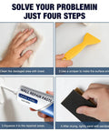 Four-step guide using Two Tubes Quick Drying Drywall Repair Paste Kit With Scrapers And Sandpaper No Fuss Wall Mending Compound