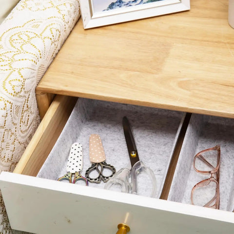 Open drawer with Customizable 8 Pack Felt Drawer Organizer Trays Set For Desk Drawers Shallow Modular Storage Bins.