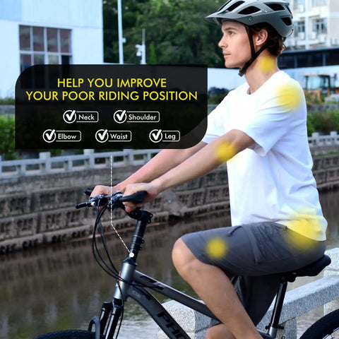 Cyclist using 110mm Adjustable Bike Stem Riser For 31.8mm Handlebars 0-60 Degree Handlebar Extender for better posture, outdoors.