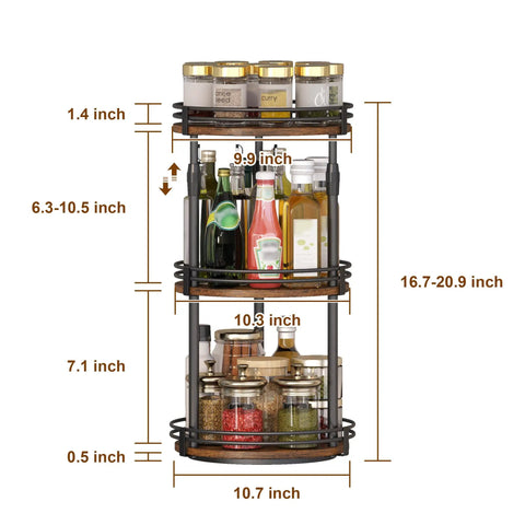 3 Tier Rotating Lazy Susan Spice Rack With Adjustable Height For Cabinet Pantry And Kitchen Counter Quick Glide Smooth Turn with jars and bottles.