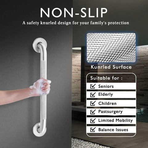 12 Inch Shower Grab Bar Heavy Duty 304 Stainless Steel Handrail Anti Slip Wall Mount For Bathroom Safety Rust Proof Rugged Support Handle Up To 500 Lbs Stable Grip with knurled surface and foam handhold.