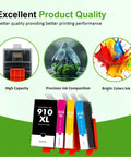 910XL Ink Cartridges Black And Color Combo Pack For OfficeJet Pro 8010 8015 8020 8025 8028 8030 8034 8035 And OfficeJet 8010e 8015e 8022e 8024e 8028e Four Pack High Yield Reliable Print Quality For Everyday Home And Office Use shown in packaging display