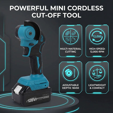 Knockout 3 Inch Cordless Mini Circular Saw And Angle Grinder Hybrid with battery, features high-speed 12000 RPM for various cuts.