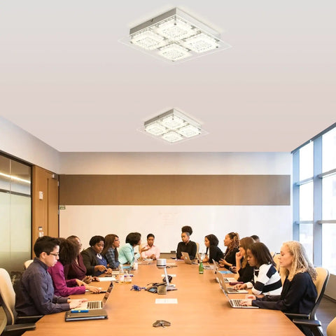 LED Crystal Flush Mount Ceiling Light Dimmable Glass Fixture Dope Look For Kitchen Island Hallway Bedroom And Bathroom Modern Square Design 4000K 24W High Refractive Crystal For Elegant Home Lighting in a meeting room with people working.