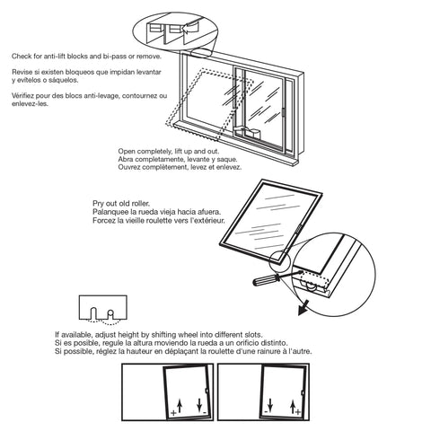 Diagram instructions for Top Shelf Sliding Window Roller Assembly Two Pack featuring 7/16 inch brass rollers and nylon housing.