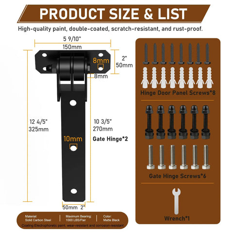 Built Like a Tank Heavy Duty Gate Hinges 1000 Lbs Heavy Load 13 Inch with dimensions and included hardware details.