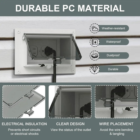 Heavy Duty Horizontal Outdoor Outlet Cover With Type 3R No Fuss All Season Weather Seal For Rain Soaked Zones And IN Box Compatible Recessed Electrical Receptacle Easy Install Cover Plate on a wood surface.