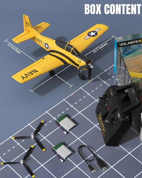 Box contents of Beginner Friendly RC Plane T28 Trojan Warbird with 4CH remote, propellers, batteries, and charger, yellow color.