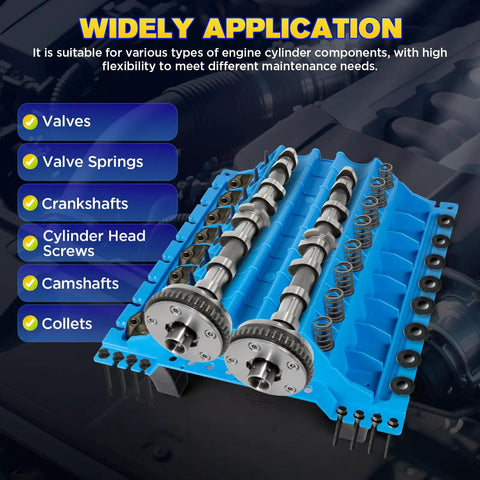 Pro Grade Engine Part Organizer Nylon Tray for Valves and Engine Parts Keeps Valve Springs Crankshafts Camshafts Cylinder Head Screws Collets and More Neatly Stacked for Easy Tool Storage and Quick Access for Auto Shop or DIY Garage. Blue tray with engine parts arranged in compartments on a workbench.