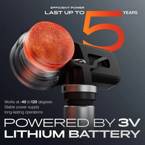 Close-up of a TPMS sensor showing a 3V lithium battery, highlighting power efficiency and lifespan of up to 5 years.
