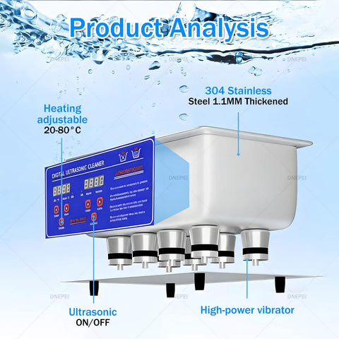 Digital interface and stainless steel design of the Industrial Ultrasonic Cleaner With Built In Heater, 40Khz Stainless Steel Tub, Digital Timer For Jewelry And Watch Wash, Heavy Duty Grime Crusher Keeps Your Gear Looking Fresh.