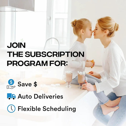 Mother and daughter in kitchen enjoying snacks and drinks, promoting subscription program benefits like savings, auto deliveries, and flexible scheduling.