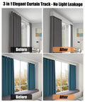 Heavy Duty Ceiling Curtain Track System With Smooth Silent Pulleys And Double Aluminum Runners Paired With A Slick Cornice Cover For Total Blackout and performance before and after comparison in a room.