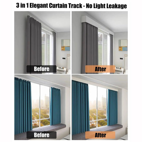 Heavy Duty Ceiling Curtain Track System With Smooth Silent Pulleys And Double Aluminum Runners Paired With A Slick Cornice Cover For Total Blackout and performance before and after comparison in a room.