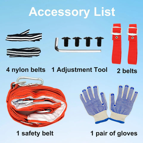 Accessory list for Pro Grade Tree Climbing Spikes Set with nylon belts, adjustment tool, safety belt, gloves, and leather belts.