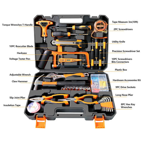 Heavy Duty Ninety Five Piece Tool Kit With Cordless Power Drill And Slick Portable Case For DIY Home Repair Auto Service, organized tools in plastic case.