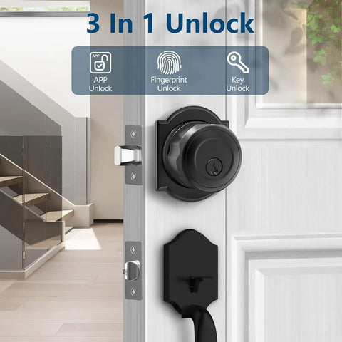 Slick Biometric Fingerprint Deadbolt Lock For Front Door delivering three unlock options: fingerprint, app, and key access on a white door.