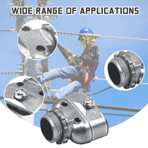 Duplex 3/8 In Wire Box Connector Set For Flex AC MC NM Cables, heavy duty zinc die cast screw clamp displayed with application uses