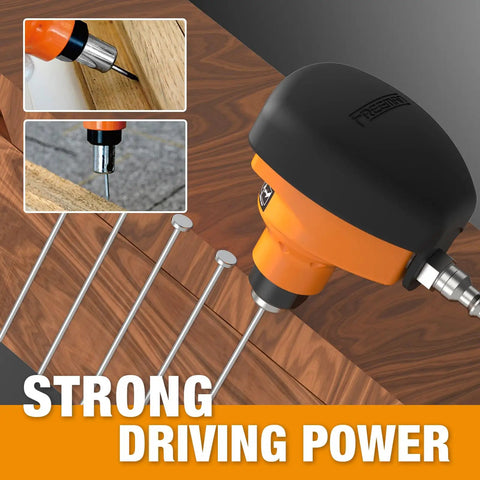 Second Generation Pneumatic Mini Palm Nailer Pro Grade Power demonstrating strong driving power on wooden surface.