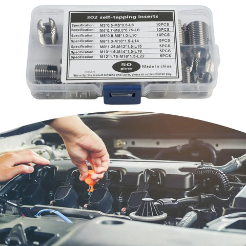50 Pack Stainless Steel Thread Repair Insert Kit For M3 M5 M6 M8 And M10 Self Tapping Threaded Inserts in a box with engine repair scene