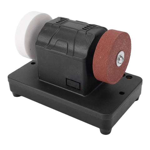 3 Inch Cordless Mini Bench Grinder With Turbo Speed Dial 2000 To 6000 RPM Dual Grinding Wheels on black base, suited for sharpening.