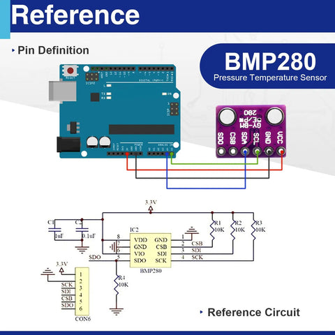 Diagram of Six Pack Atmospheric Pressure Sensor Modules Three Point Three Volt I2C Or SPI Barometric Sensors Kit for Arduino Projects