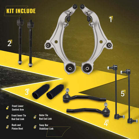 Kit includes heavy duty lower control arms, tie rod links, sway bar links for front suspension overhaul for Nissan Quest.