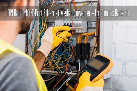 Technician installing Plug And Play Open SFP Slot DIN Rail Gigabit Ethernet Switch with tools in industrial cabinet.
