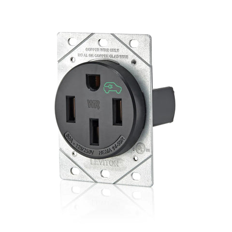 Heavy Duty 50 Amp EV Charging Receptacle NEMA 14-50R Plug-In Outlet Weather Resistant Black mounted on wall.