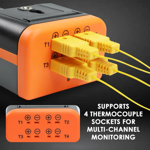 Close-up of the 4 Channel Digital K Type Thermocouple Data Logger With 48K Records, showing 4 thermocouple sockets.