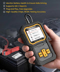 Top Shelf Plug And Play Car Battery Tester For 12V And 24V Vehicles showing device in hand, connected to battery for testing.