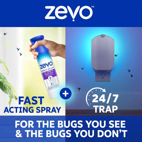 Fast Acting Flying Insect Killer Spray Tough Love Formula For Home Nukes Fruit Flies Gnats House Flies And Mosquitoes On Contact bottle held with insect trap.